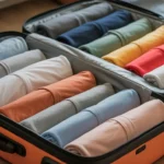 Organized suitcase with rolled and folded clothes demonstrating efficient packing techniques