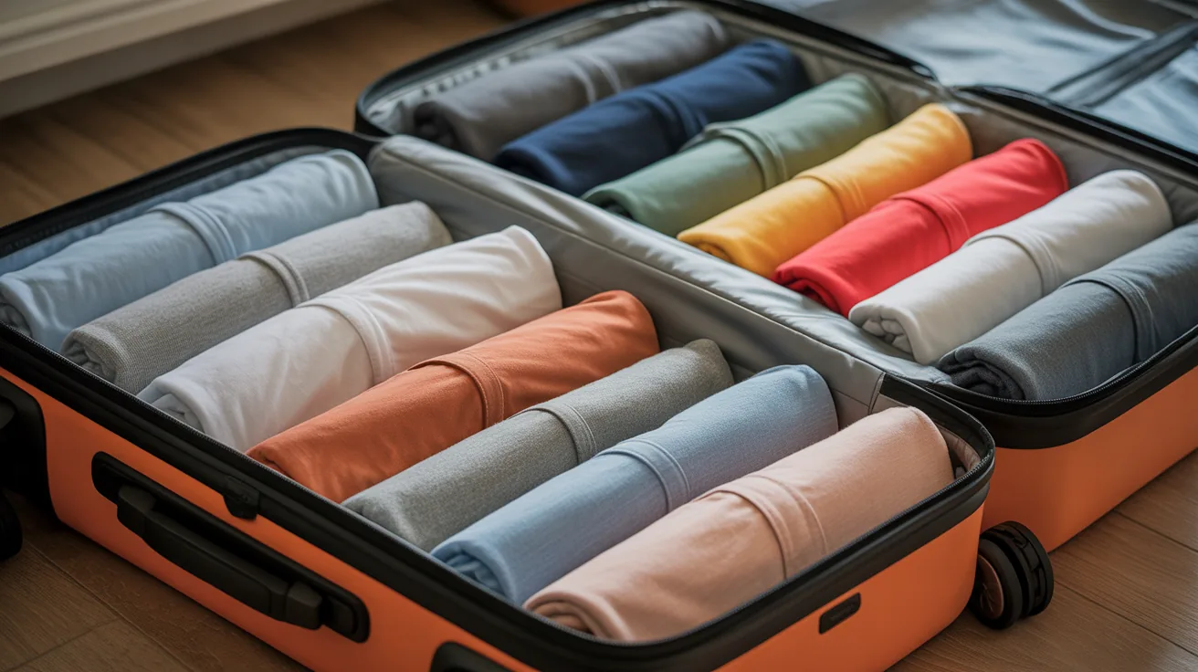 Organized suitcase with rolled and folded clothes demonstrating efficient packing techniques