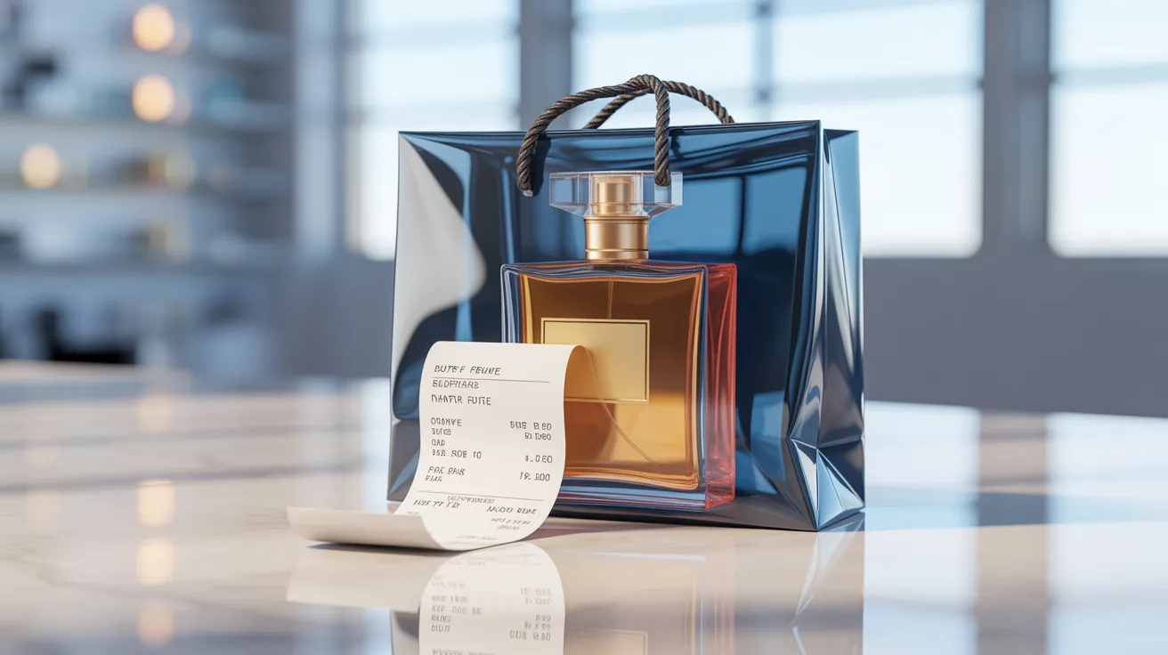 Duty free sealed bag with a large perfume bottle and receipt