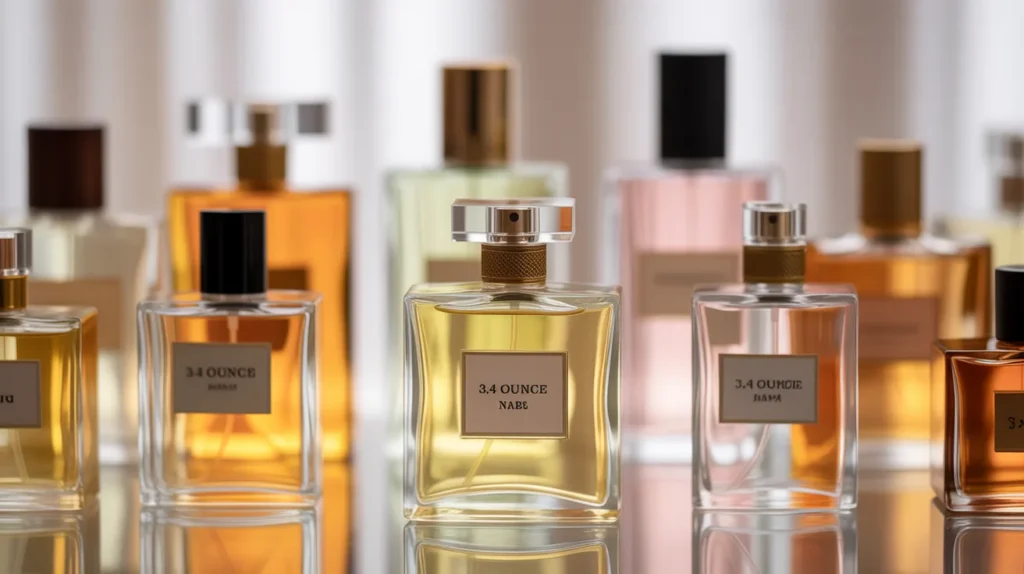 Various perfume bottles including a 3.4 ounce bottle representing carry on rules