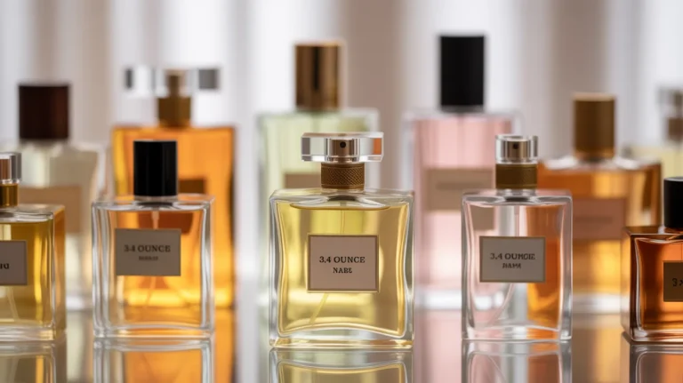 Various perfume bottles including a 3.4 ounce bottle representing carry on rules