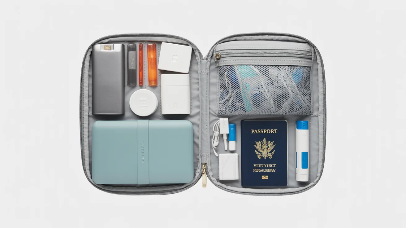 Packed personal item bag with travel essentials