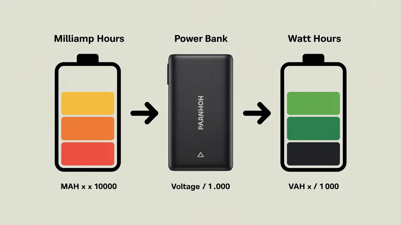 Infographic explaining the conversion from milliamp hours to watt hours for power banks