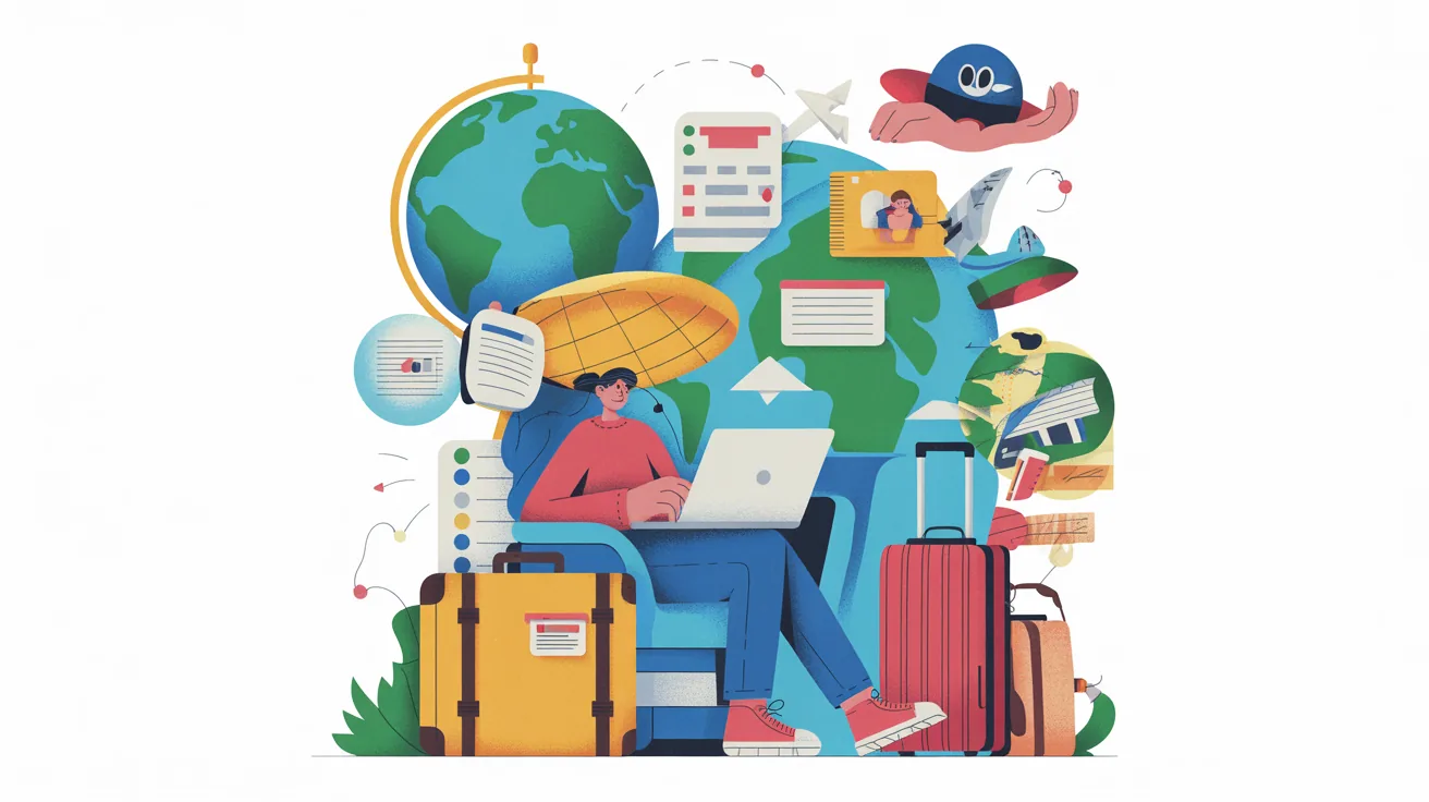 An illustration showing the connection between remote working and traveling