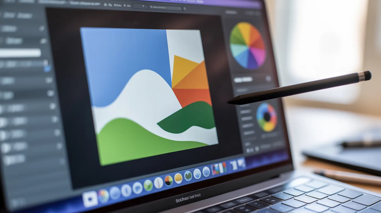A laptop showing a graphic design software interface for remote work