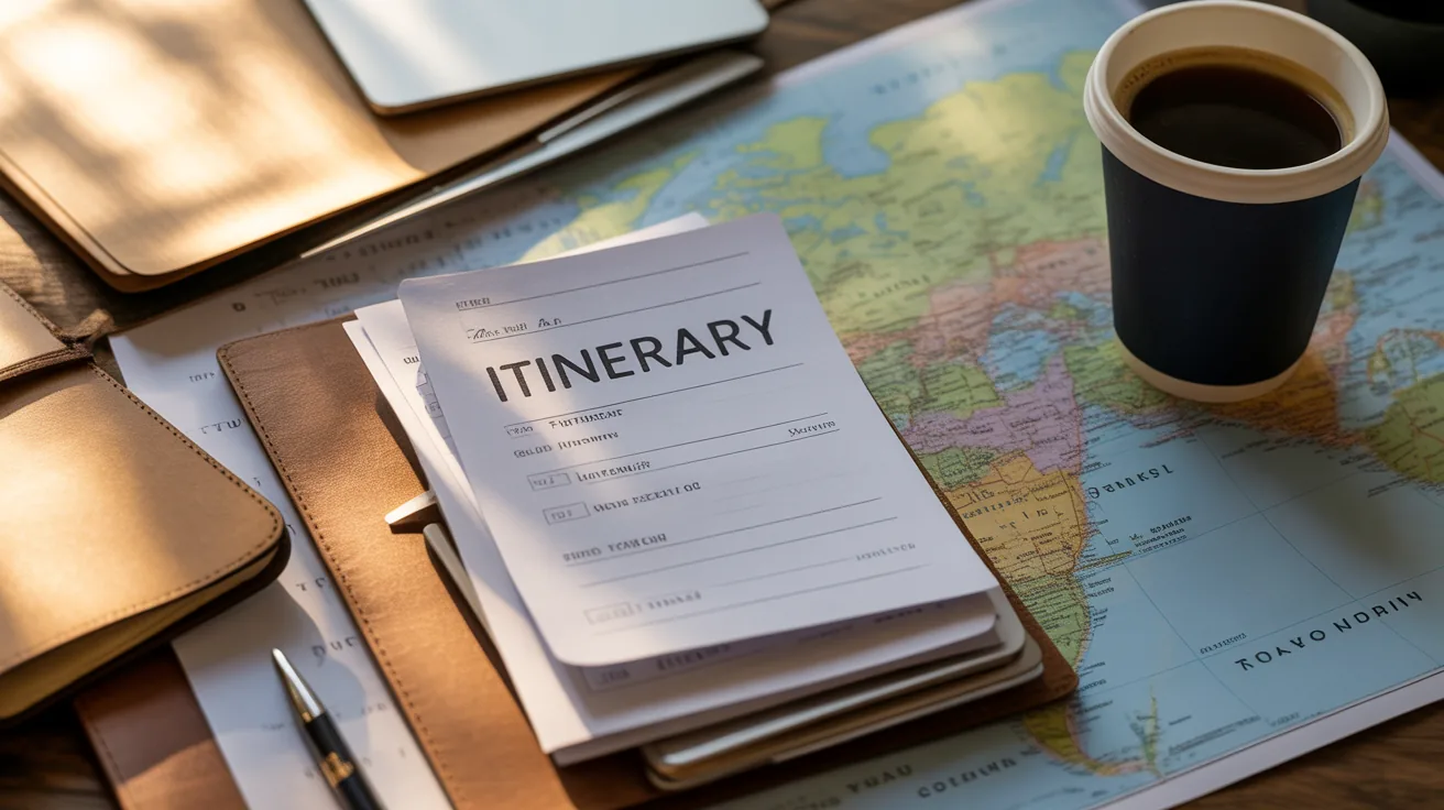 A flat lay of work and travel documents representing bleisure travel