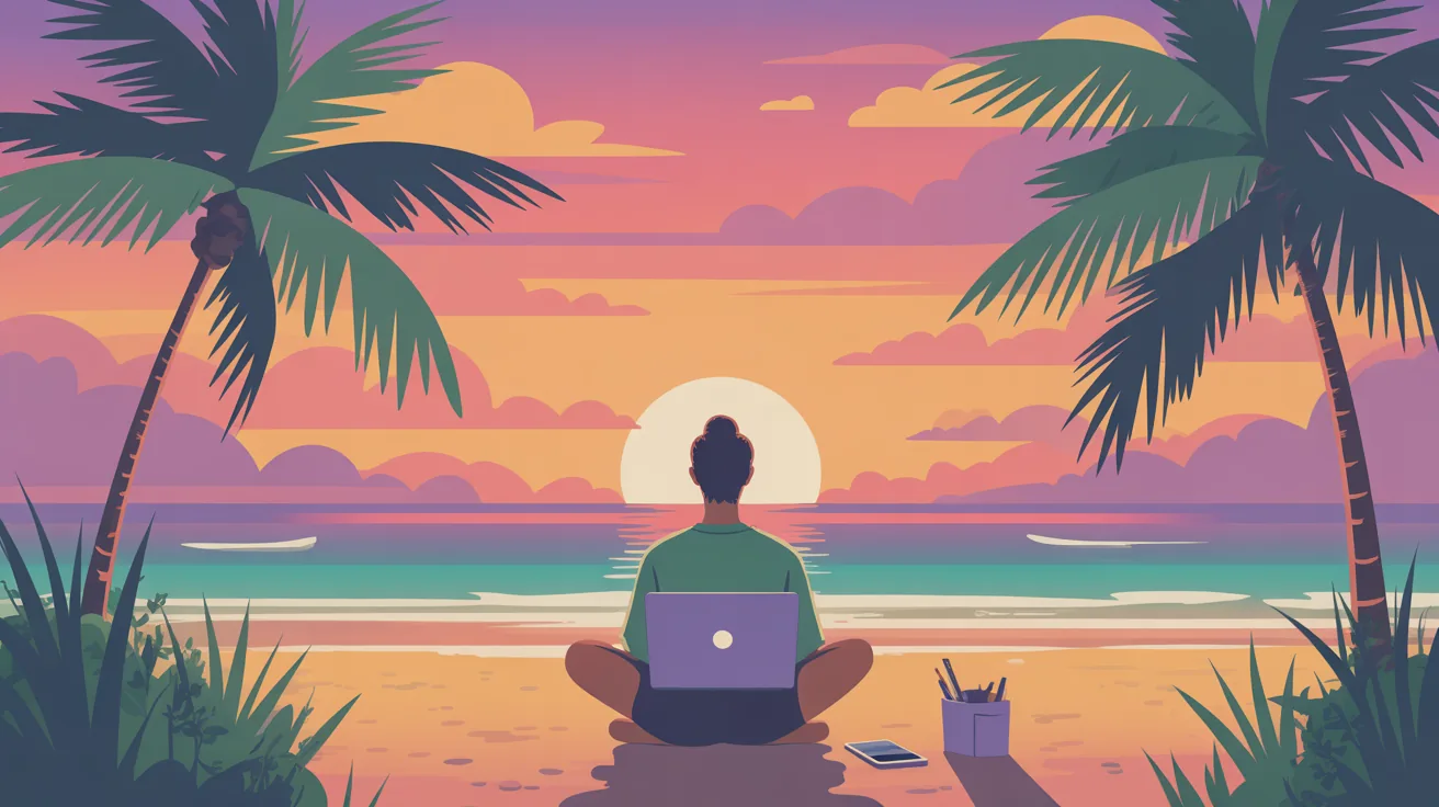 A digital nomad working on a laptop at the beach