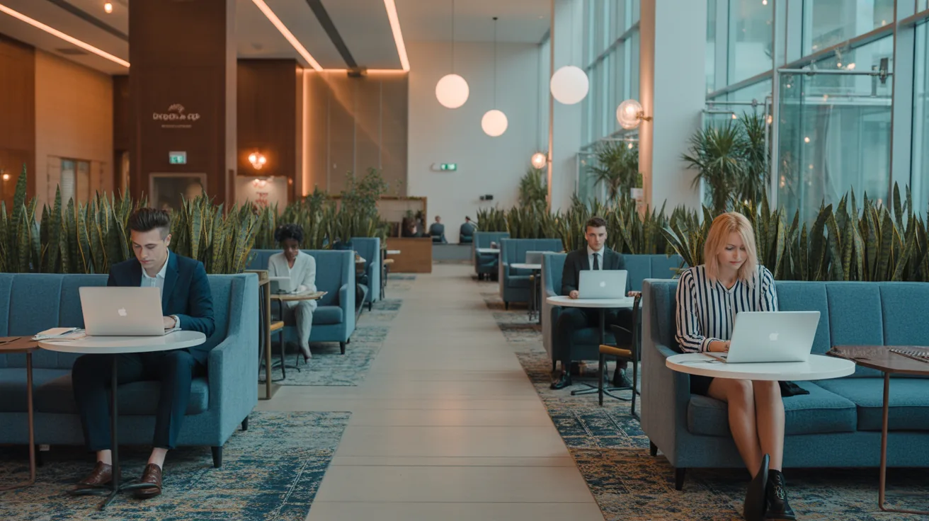 A modern hotel lobby with coworking spaces for remote workers