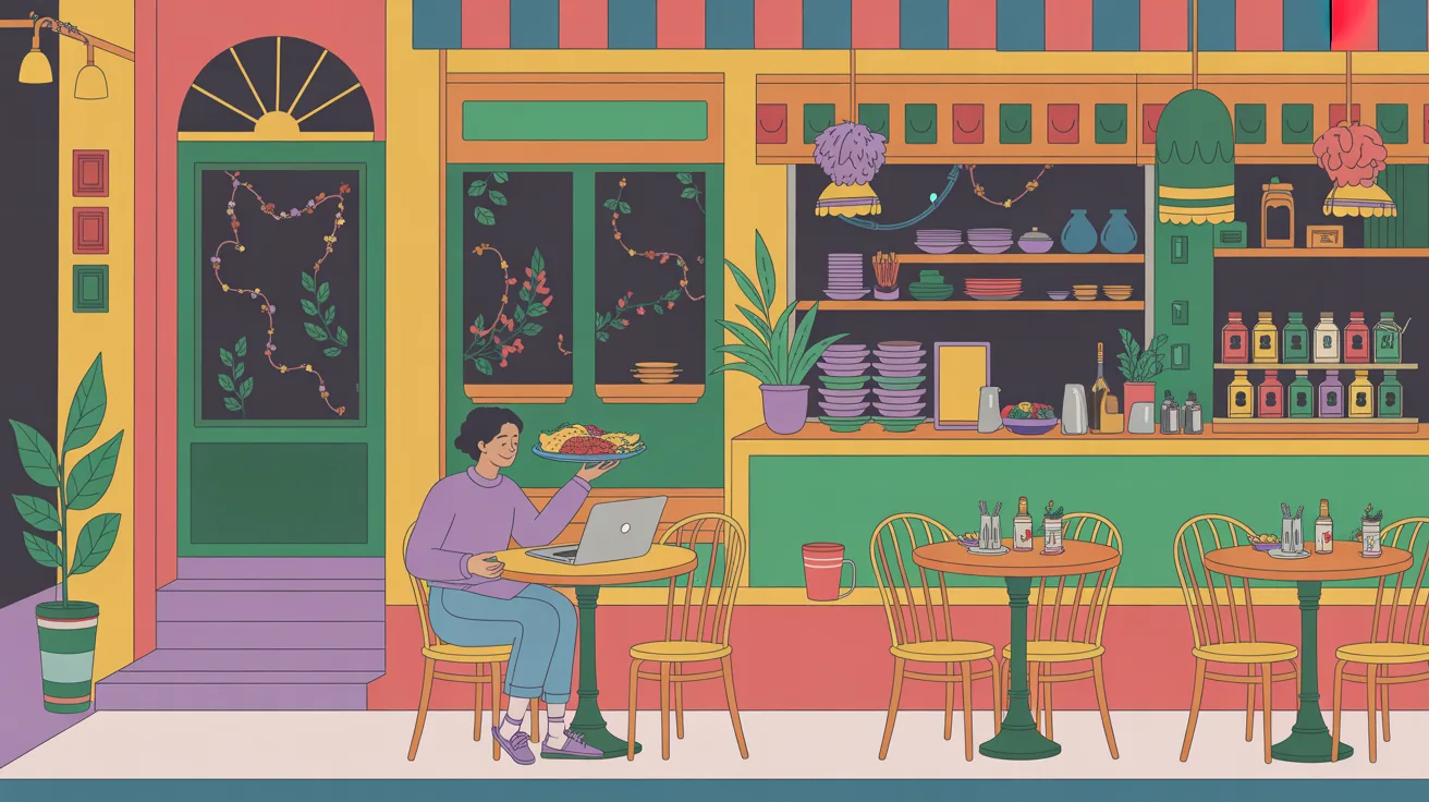 A person enjoying local food while working remotely at a café