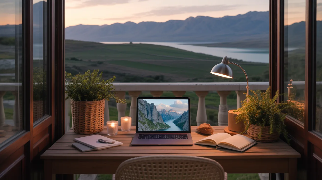 A cozy remote working setup on a balcony with scenic views