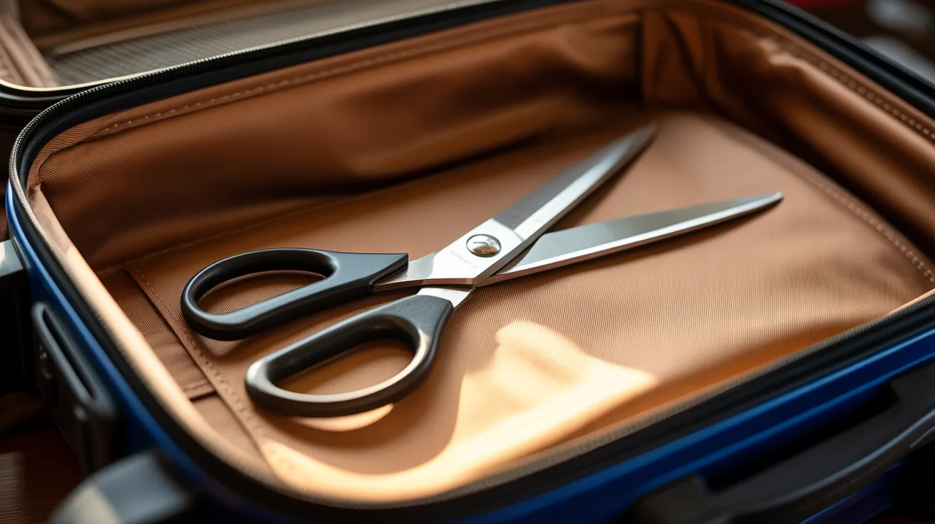 A pair of larger scissors inside an open checked baggage suitcase