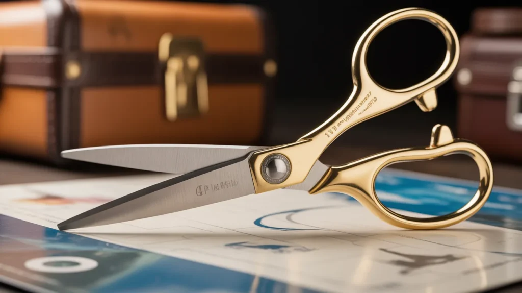 A pair of scissors with a 4 inch blade displayed on a travel-themed background