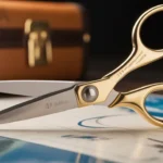 A pair of scissors with a 4 inch blade displayed on a travel-themed background