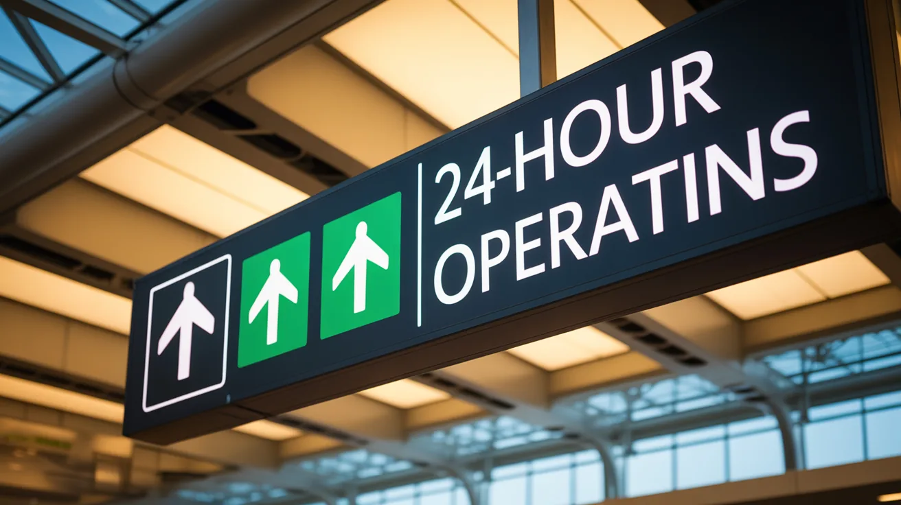 Airport terminal sign showing 24 hour operations