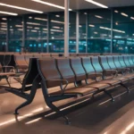 Empty airport terminal at night with benches for sleeping