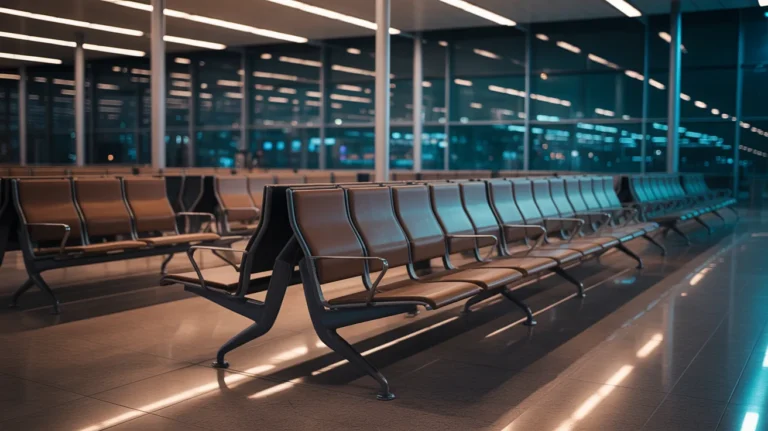 Empty airport terminal at night with benches for sleeping