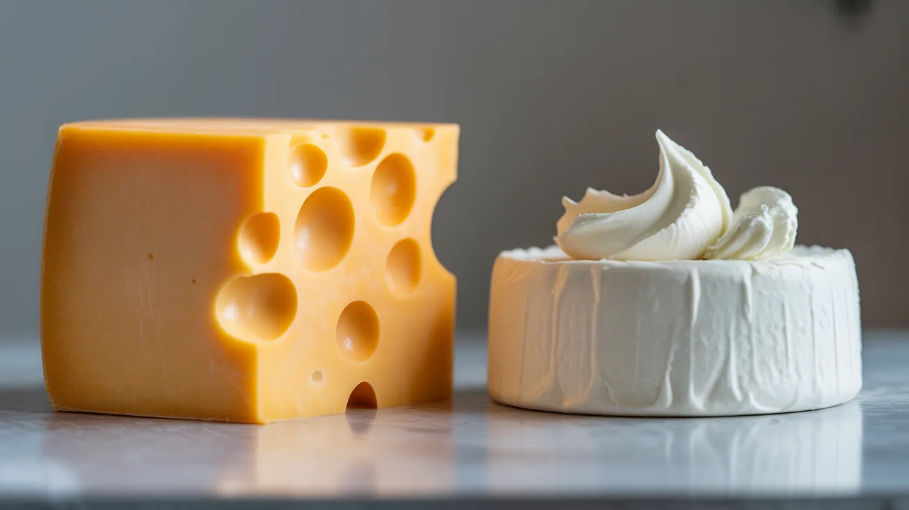 Block of cheese next to cream cheese illustrating solid versus spreadable food.