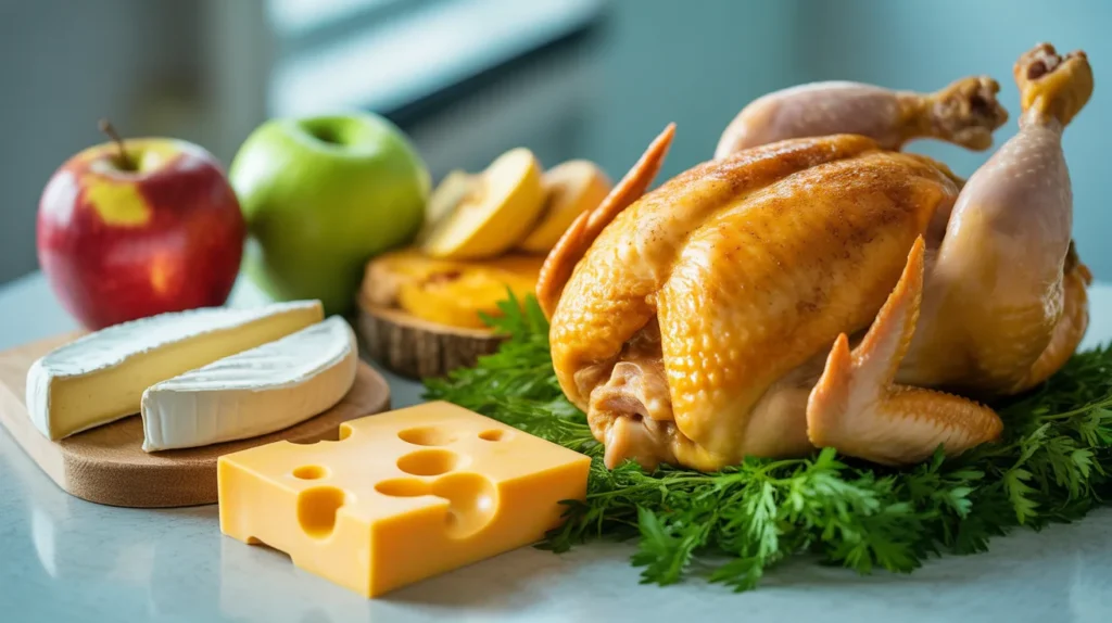 Diverse solid snacks allowed through airport security including cheese, chicken, and apple.