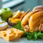 Diverse solid snacks allowed through airport security including cheese, chicken, and apple.