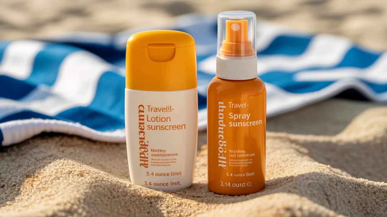 Travel-sized sunscreen lotion and spray illustrating carry on rules.