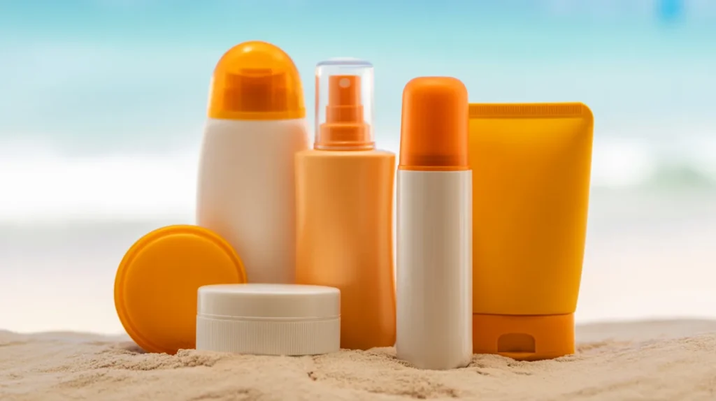 Different types of sunscreen including lotion, spray, stick, and powder for travel.