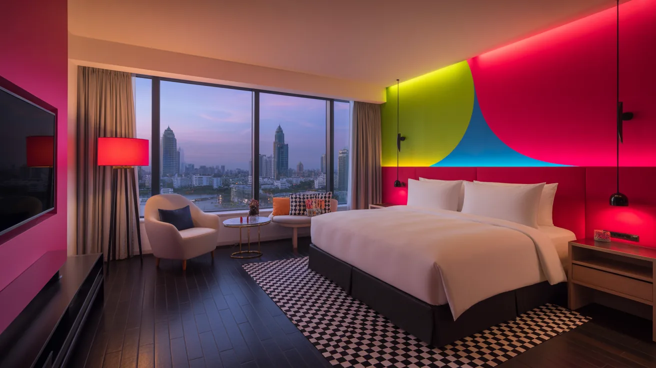 Stylish guest room at W Bangkok showcasing bold design and city views