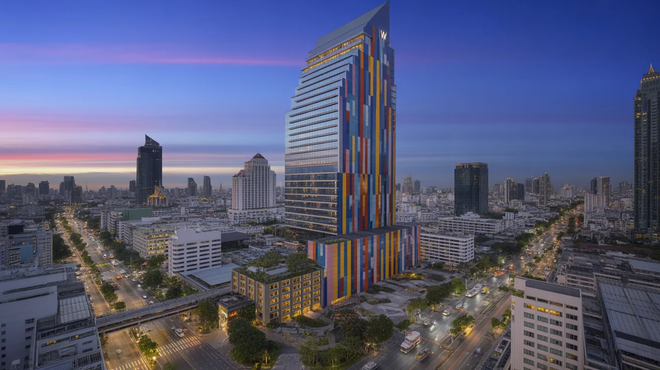 Exterior view of W Bangkok highlighting its unique architecture and vibrant design