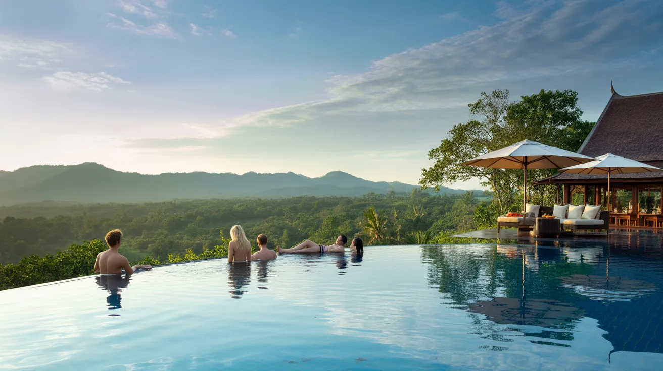 Infinity Pool at Anantara Golden Triangle overlooking lush landscapes