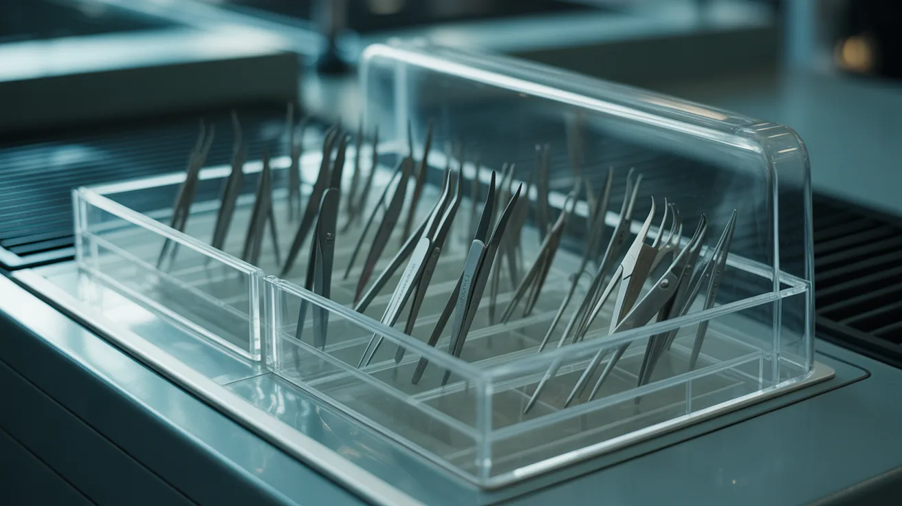 An array of grooming tools including tweezers at a vintage airport security checkpoint.