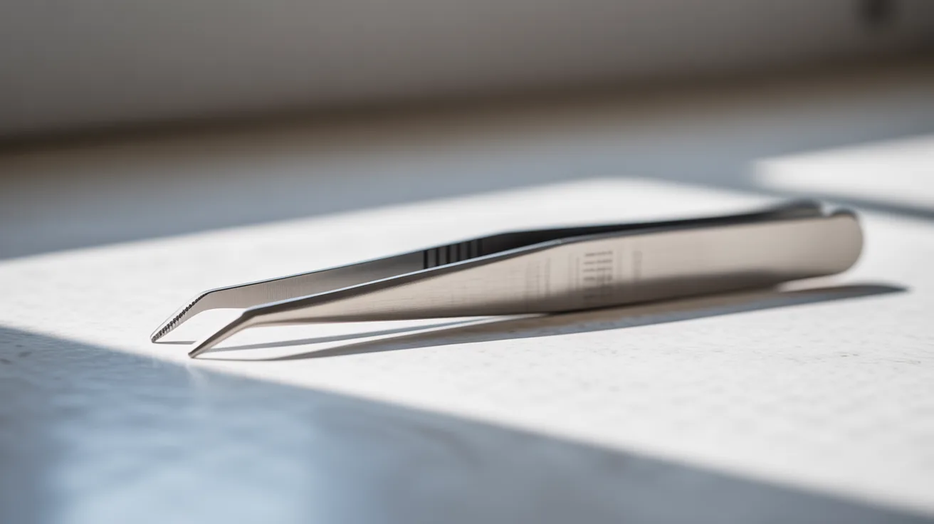 A pair of stainless steel tweezers on a white surface, showcasing their precision.