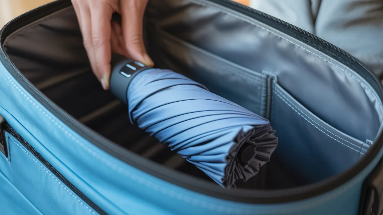 Compact folding umbrella being packed into a carry-on bag