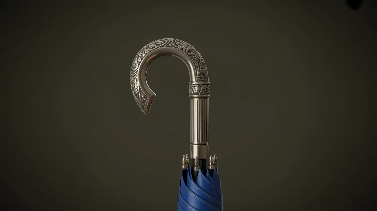 Close-up of an ornate umbrella handle with a sharp ferrule