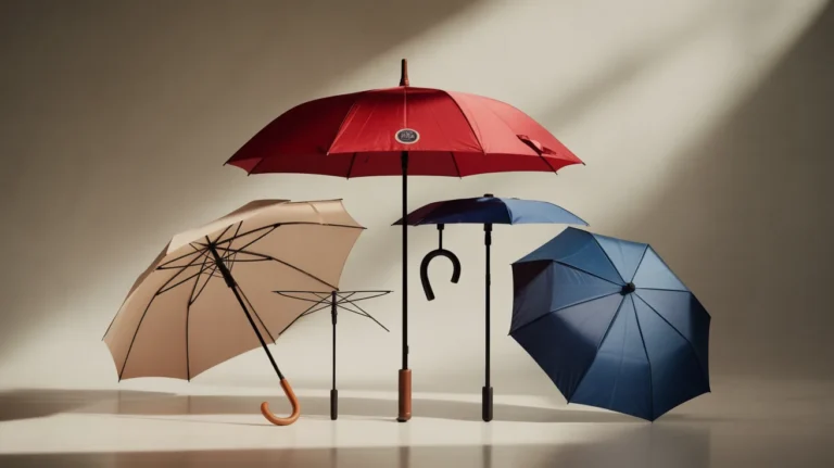 Different types of umbrellas highlighting size differences for travel on planes
