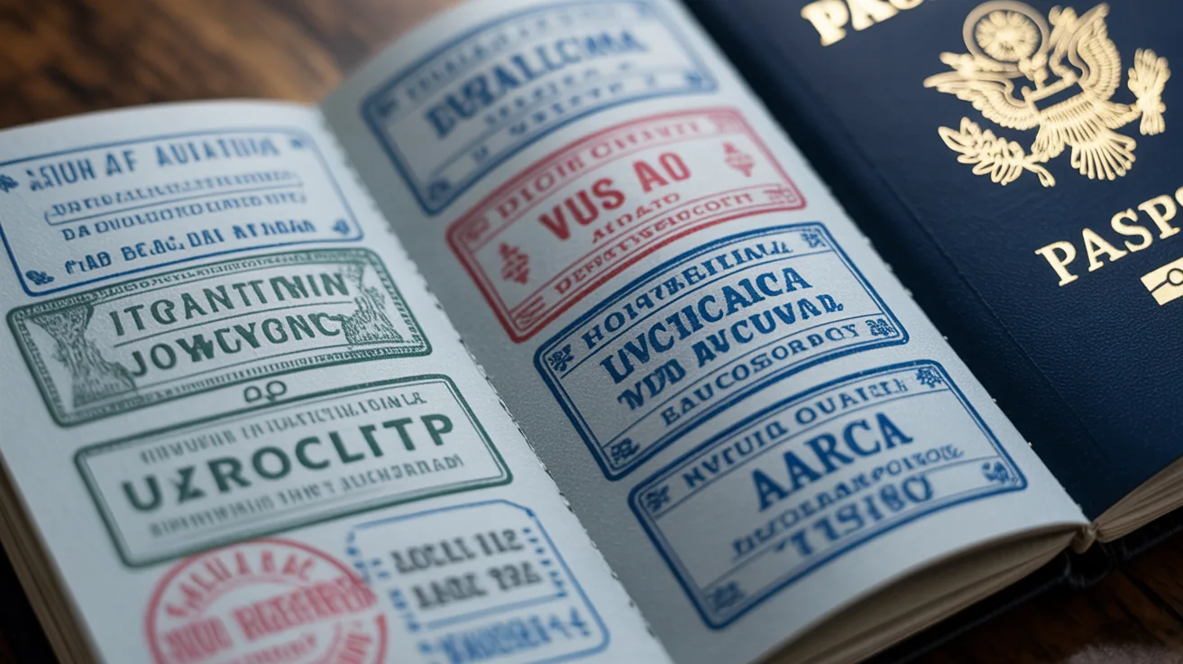 Close-up of a US passport with multiple international visa stamps