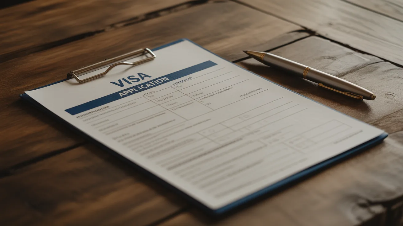 Visa application form with a pen on a wooden table