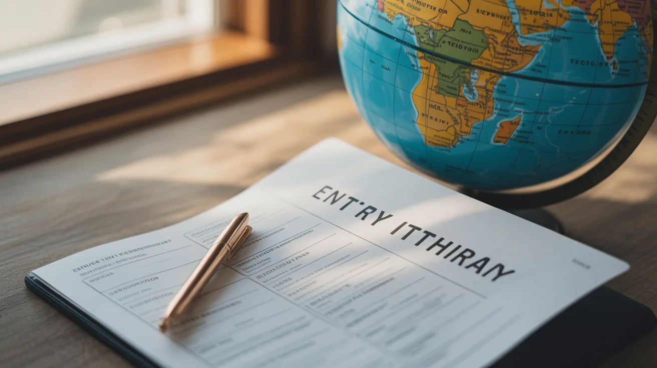 Travel itinerary document next to a globe emphasizing entry requirements