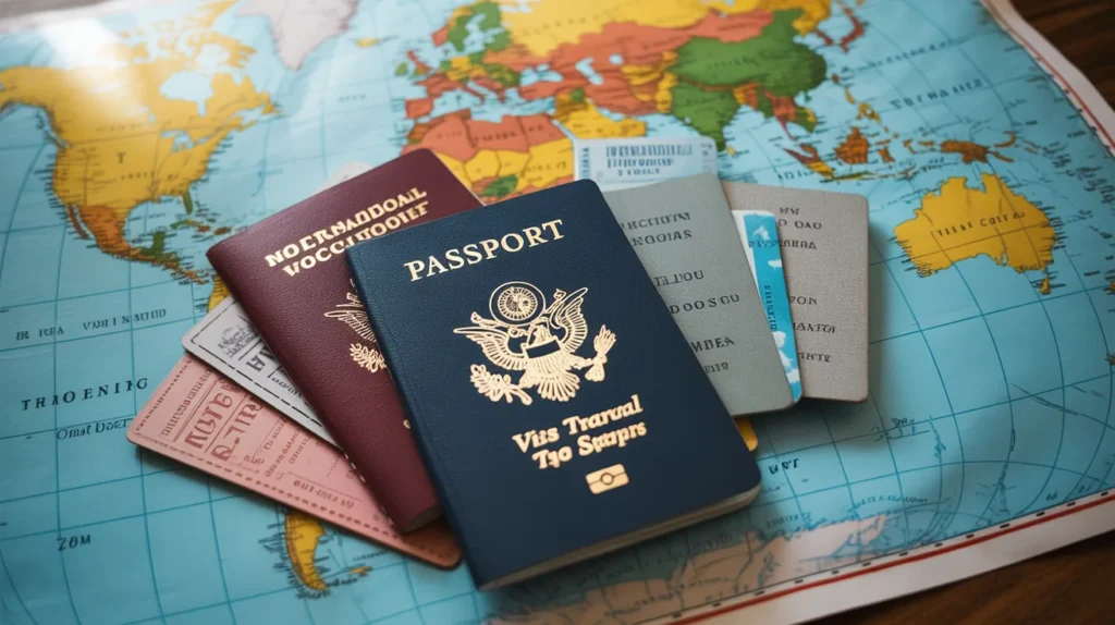 Travel documents including a US passport and international visa stamps on a world map