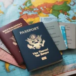 Travel documents including a US passport and international visa stamps on a world map