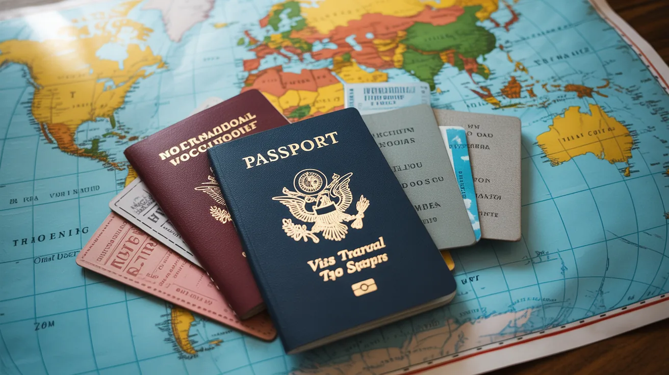 Travel documents including a US passport and international visa stamps on a world map