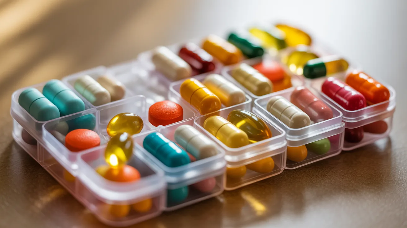 A weekly pill organizer filled with colorful capsules and gummies.