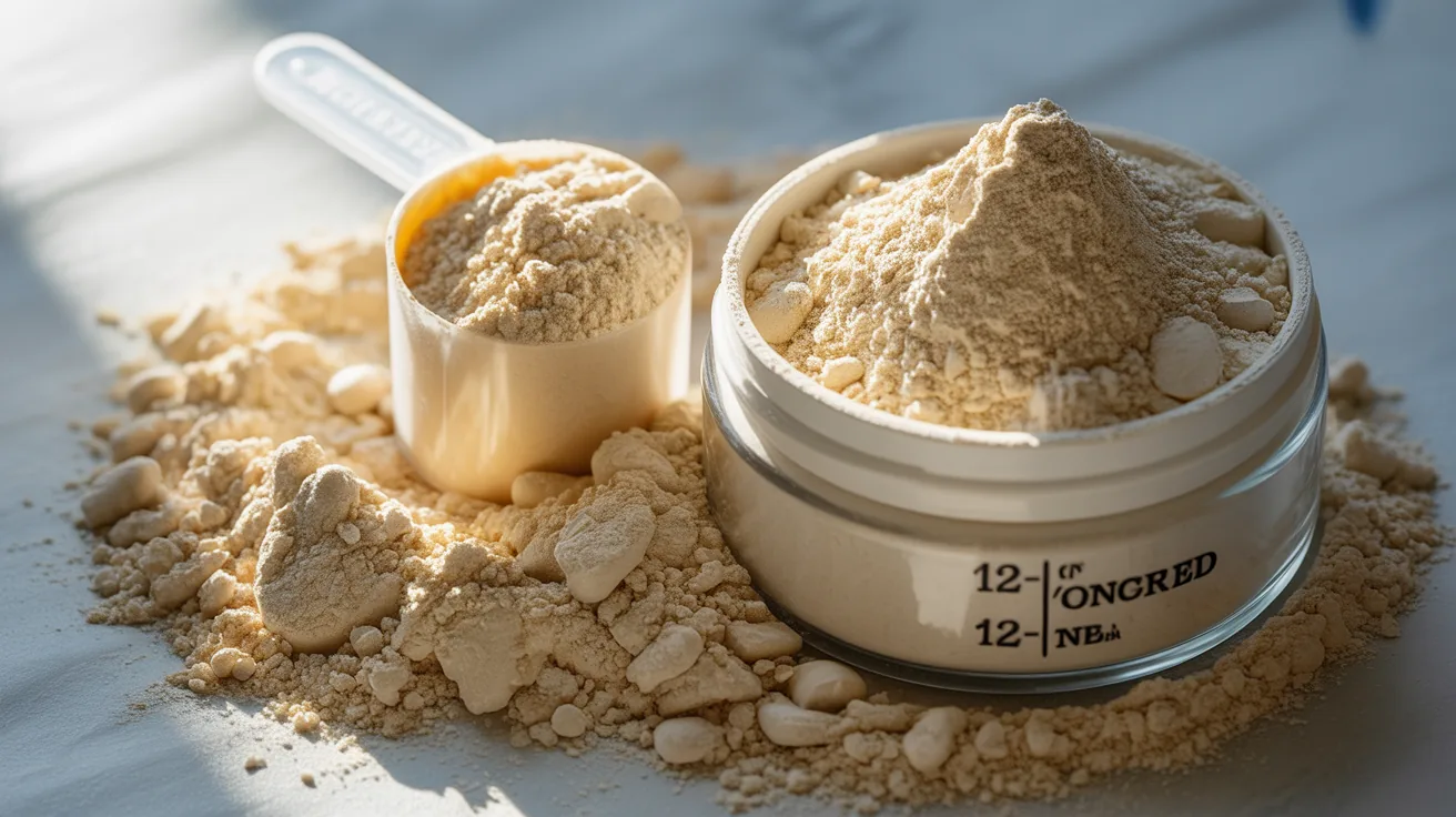 A clear container filled with powdered supplements beside a measuring scoop.