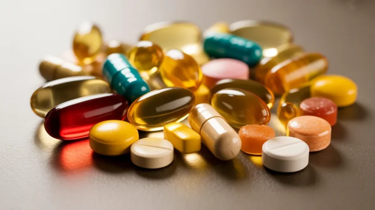 Assorted vitamin pills, capsules, and gummies displayed on a clean surface.