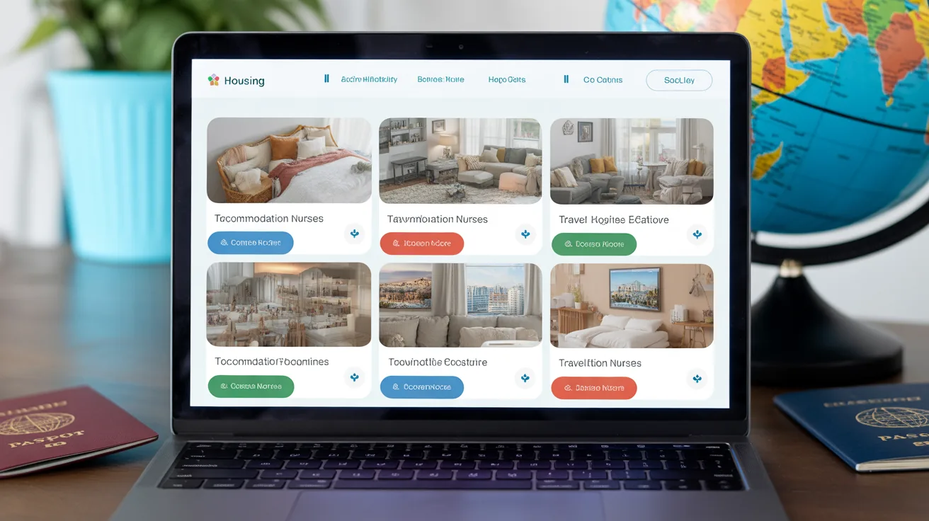 Laptop screen showing vibrant housing website for travel nurses