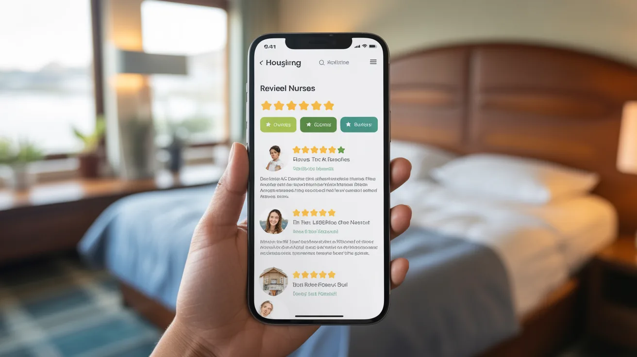 Smartphone showing reviews and ratings on housing website