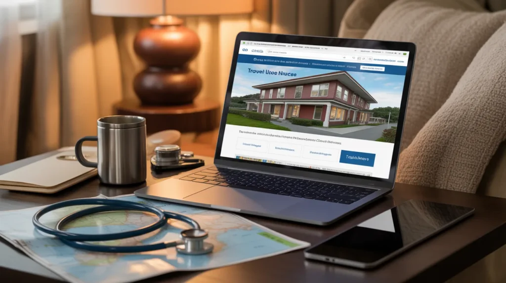 Cozy still-life with laptop and travel nurse essentials for housing search