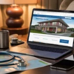 Cozy still-life with laptop and travel nurse essentials for housing search