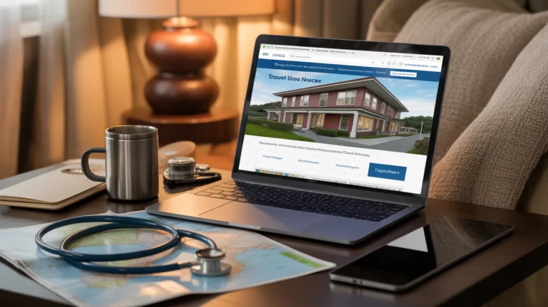 Cozy still-life with laptop and travel nurse essentials for housing search