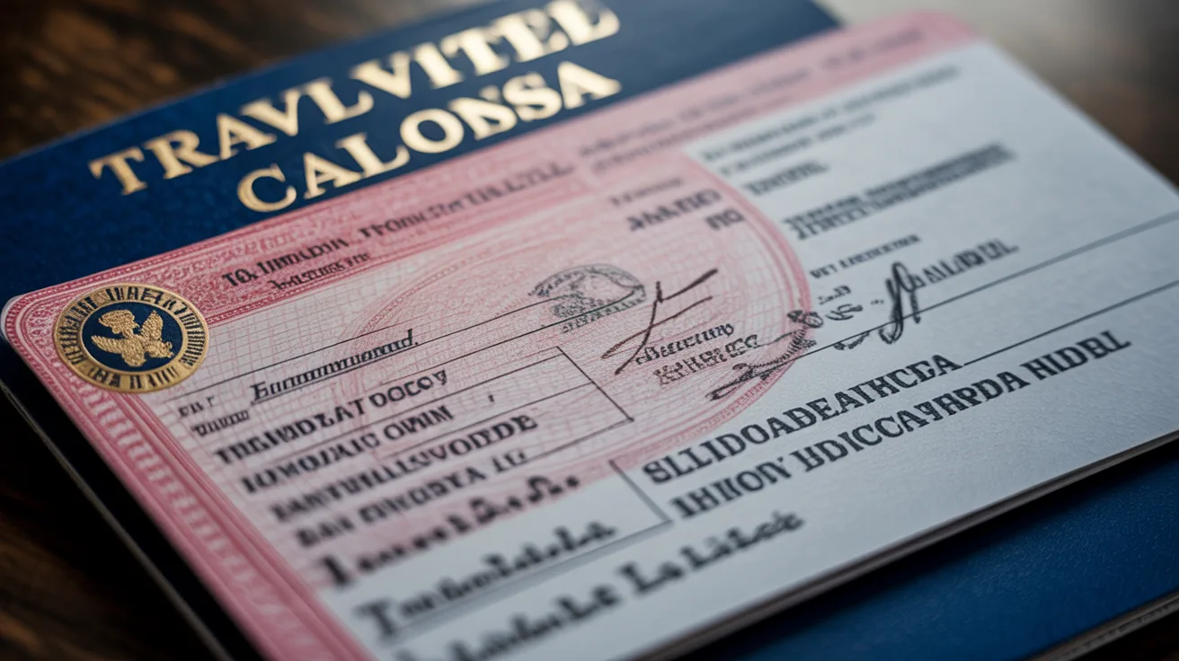 Close-up of a travel visa document showing government seal and signature