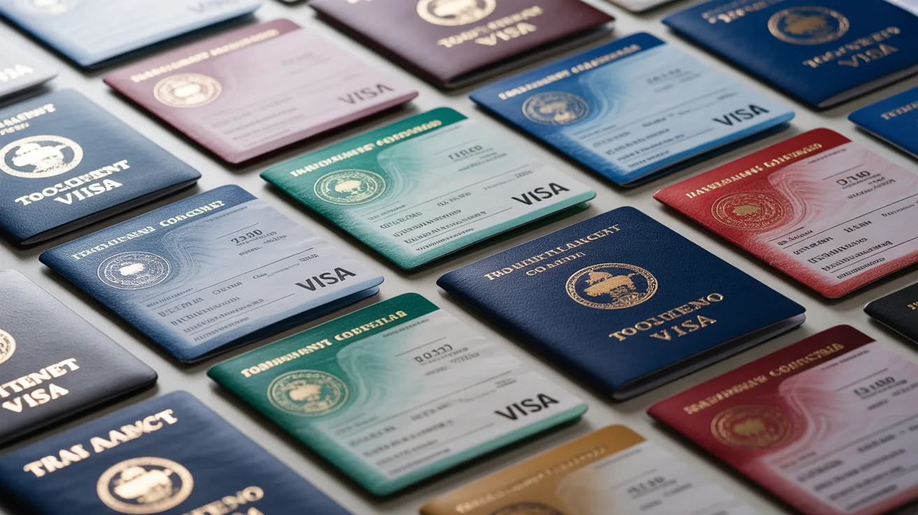 Variety of travel visa documents displayed to highlight different types