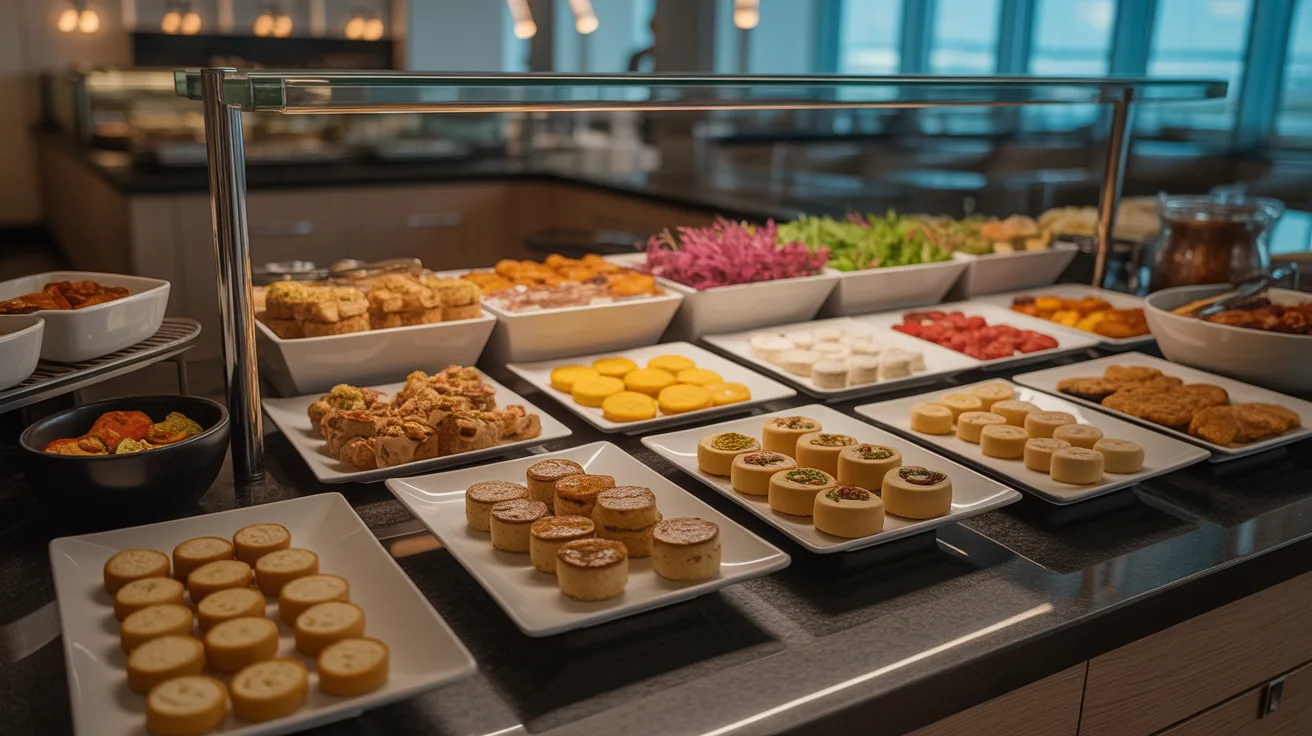 Gourmet snacks and refreshments at an airport lounge buffet